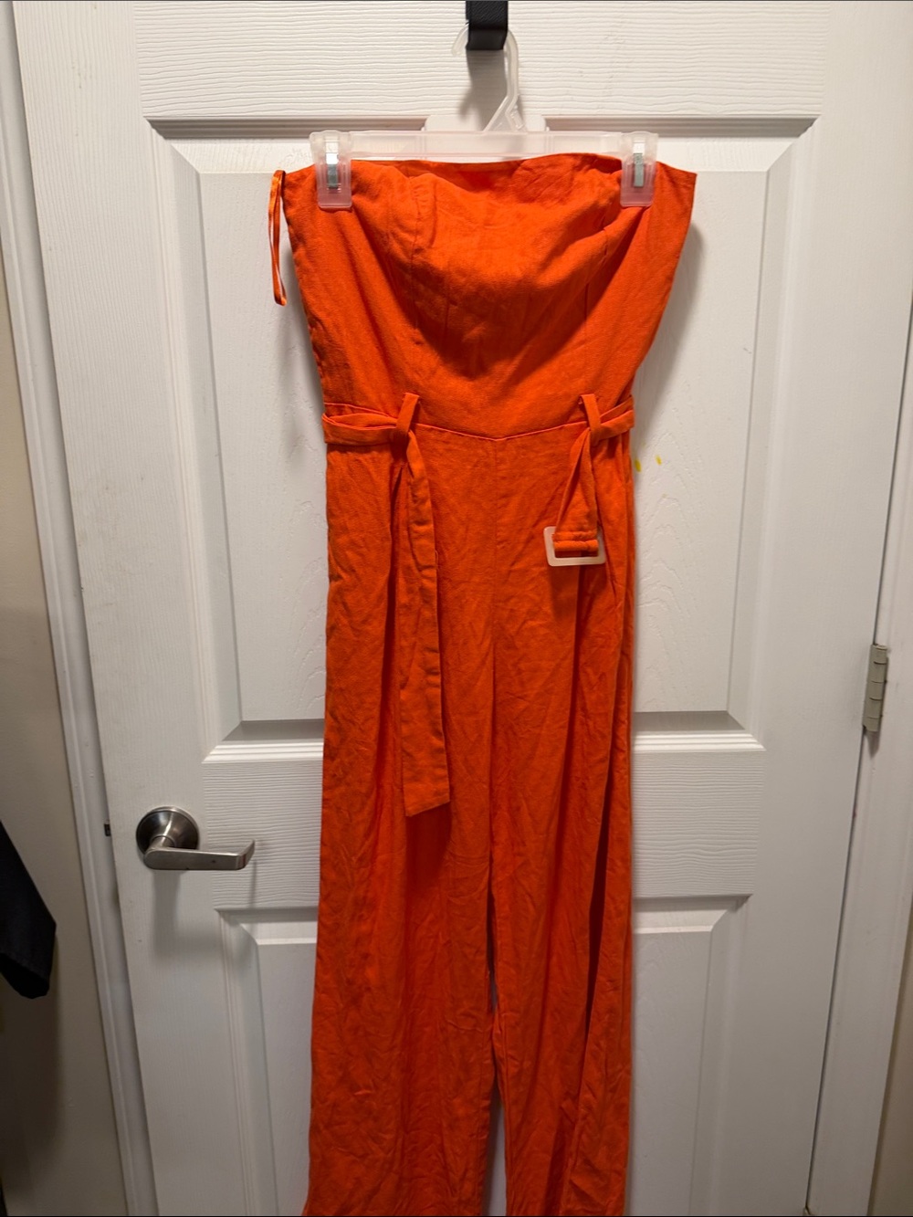 Vibrant Strapless Orange Wide-Leg Jumpsuit with Self-Tie Belt